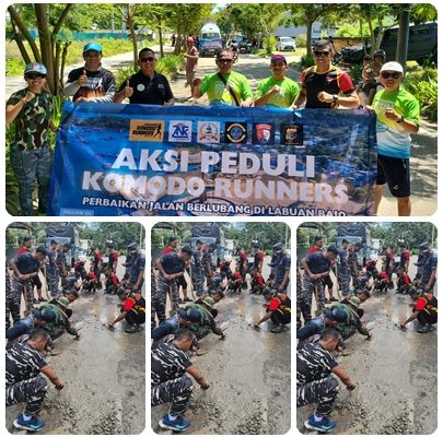 PEDULI KERUSAKAN JALAN KOMUNITAS LARI KOMODO RUNNERS GANDENG TNI DAN POLRI PERBAIKI JALAN